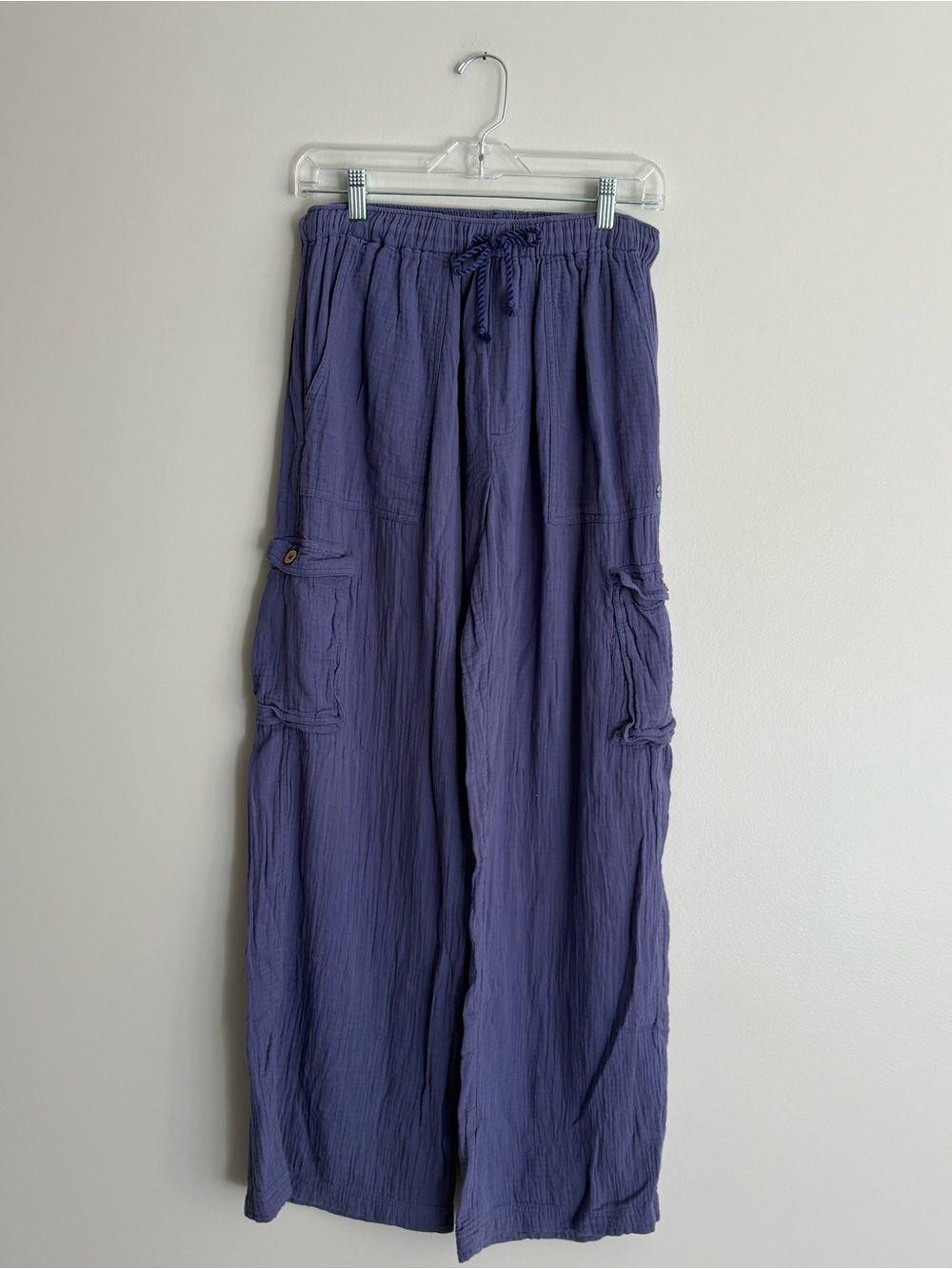Roxy Wide-Leg Navy 100% Cotton Drawstring Gauzy Beach Cargo Pants Size S